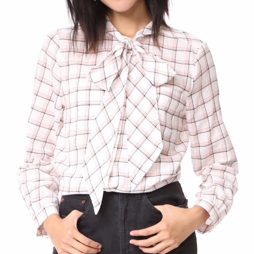 NWT $218 JOIE Porcelain HINA Plaid Button Down Bow Tie Shirt in XS!